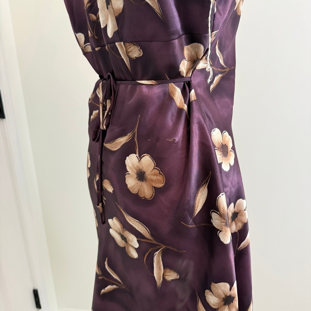 Vintage Purple Floral Satin Slip Dress Mini Faux Pearl Buttons Back Tie - Picture 8 of 12